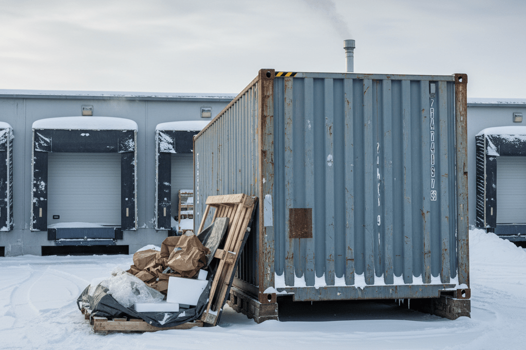 Medium shot of snow-covered shipping container and insulated pallet on icy industrial dock under overcast winter sky