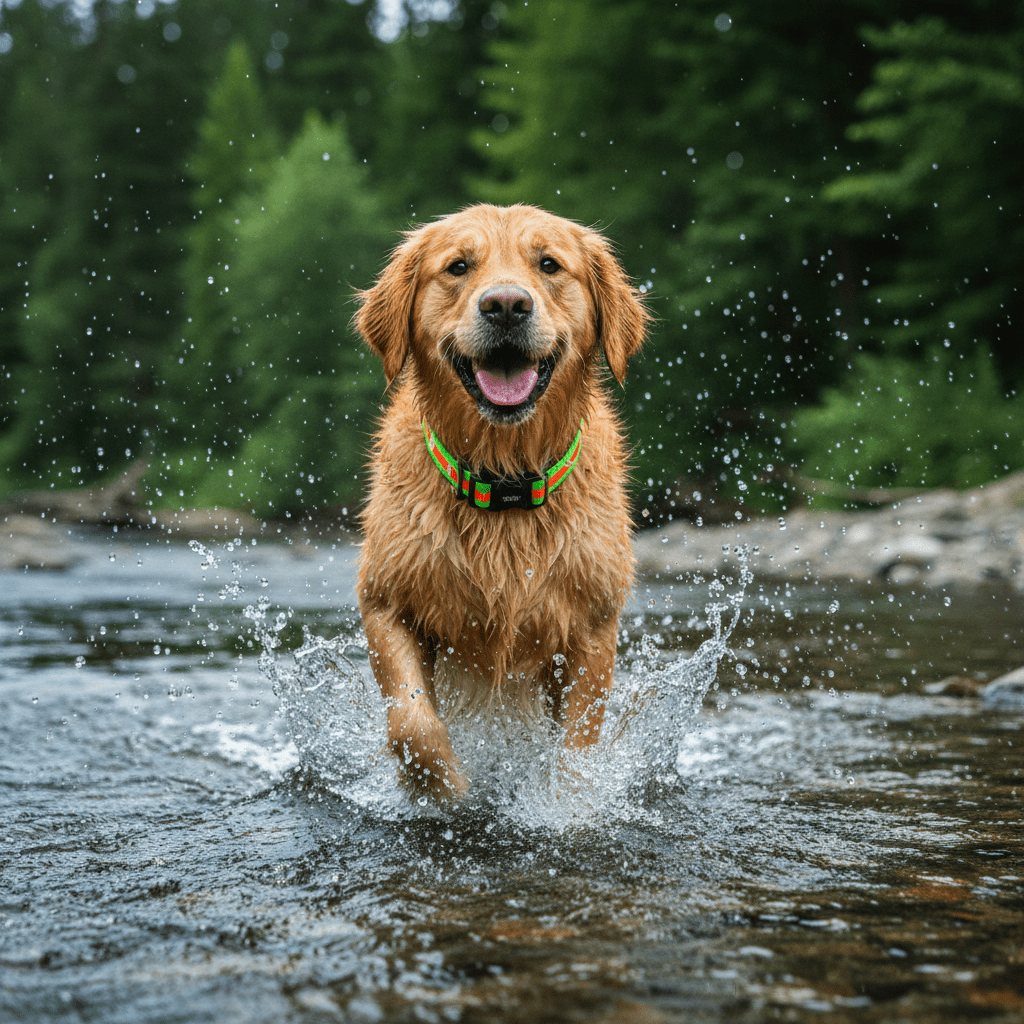 Joyful dog splashes in a clear river surrounded by lush green forest.