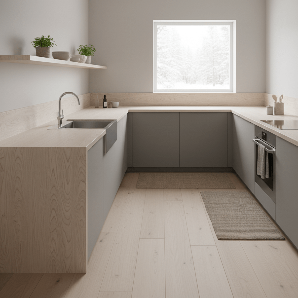 Sleek Scandinavian kitchen with pale birch butcher block countertops and matte neutral cabinets.