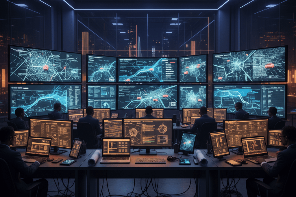 Wide-angle view of a logistics control room with maps and data screens under warm ambient light, symbolizing coordination and efficiency