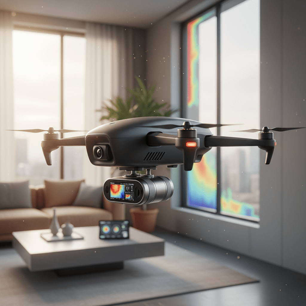 Mini drone with thermal sensor maps heat during a home energy audit.