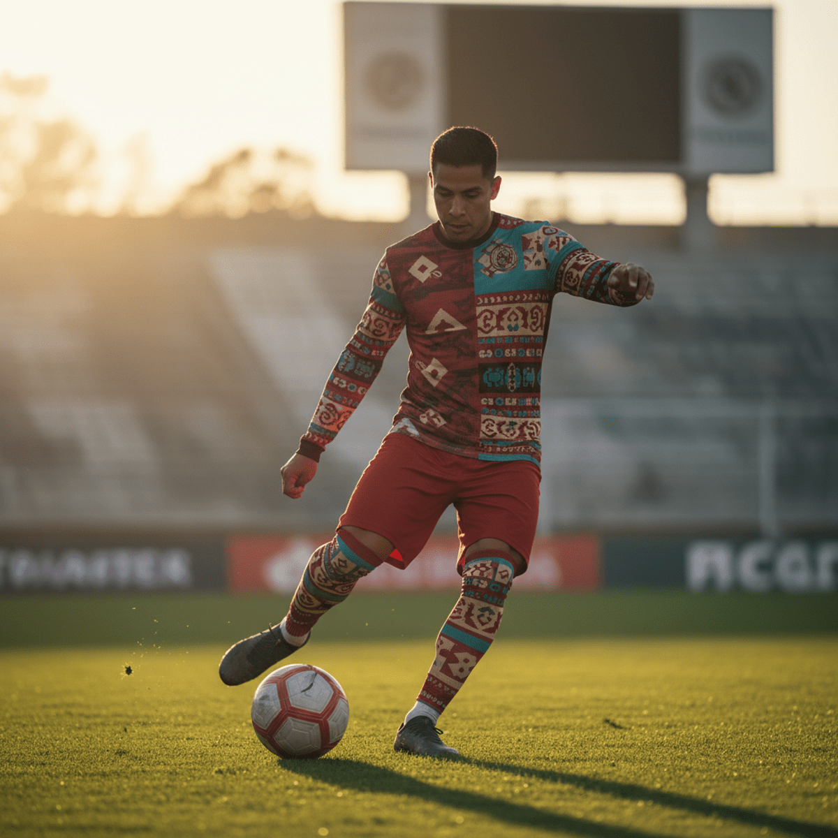 Male athlete in geometric Aztec and Mayan patterned soccer jersey on field.