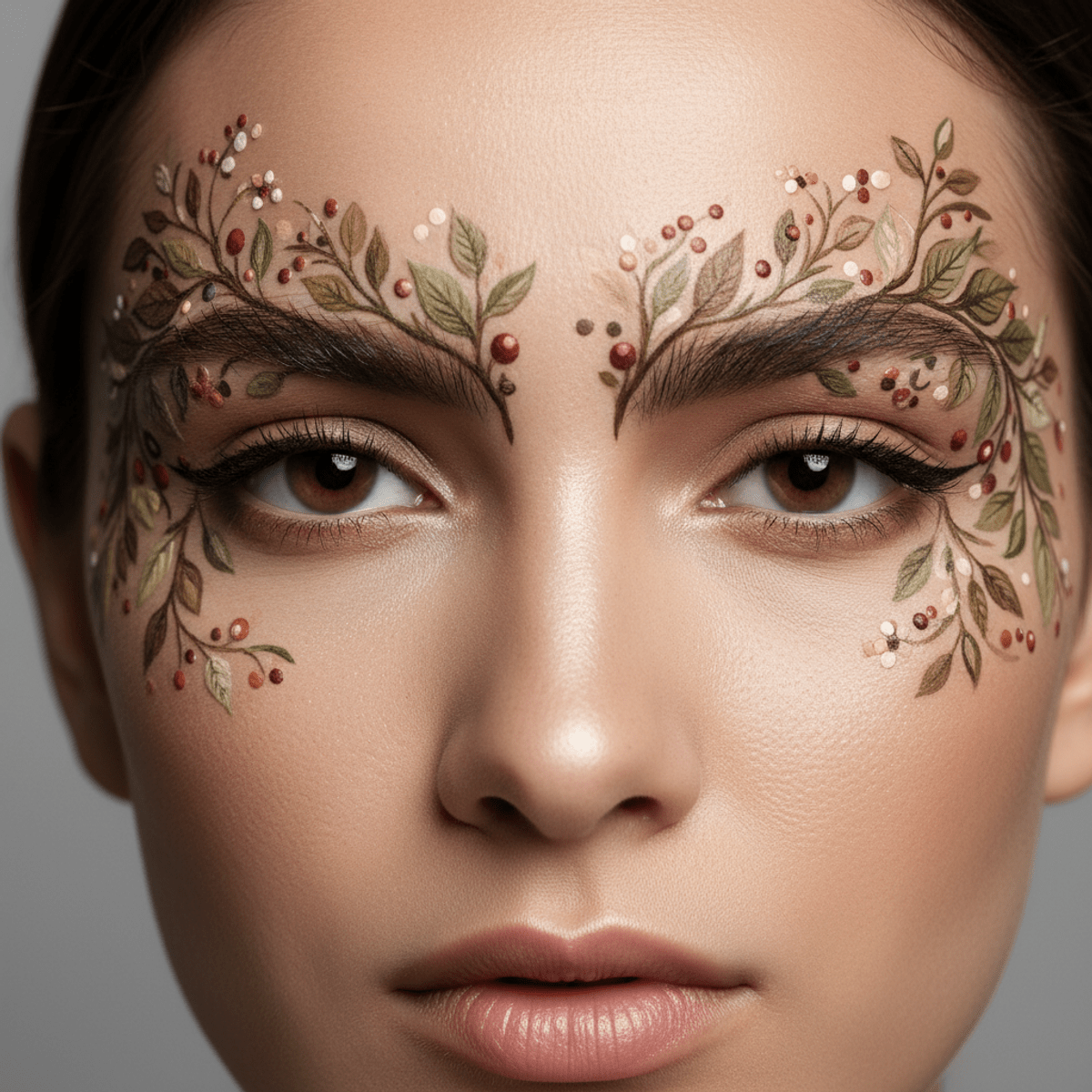 Model with unibrow transformed into intricate botanical vine makeup art with tiny leaves.