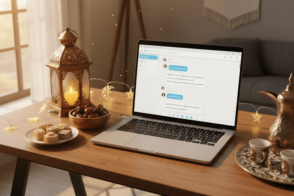 Modern home office desk setup with festive decor and digital communication tools under warm ambient lighting, celebrating cultural connections.