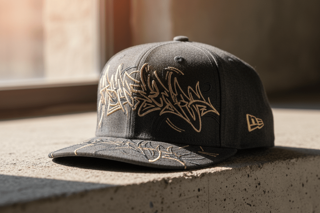 Medium shot of a premium limited-edition baseball cap with abstract embroidery on concrete, lit by natural and ambient light