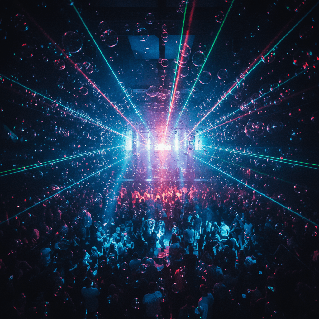 Overhead view of a futuristic nightclub filled with glowing, pulsating RGB fog bubbles.
