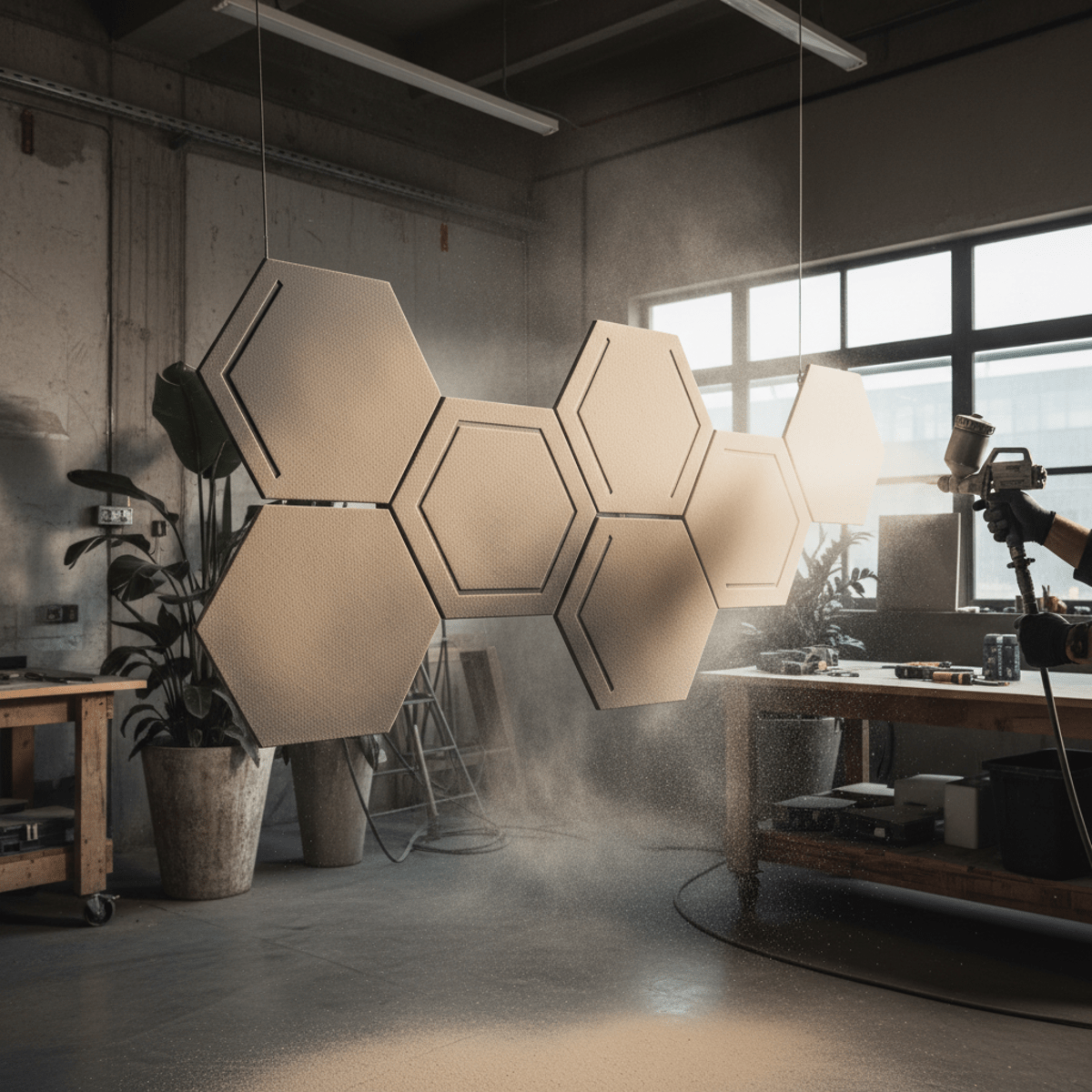 Architectural metal panel receiving sustainable bio-resin powder coating in a modern workshop.