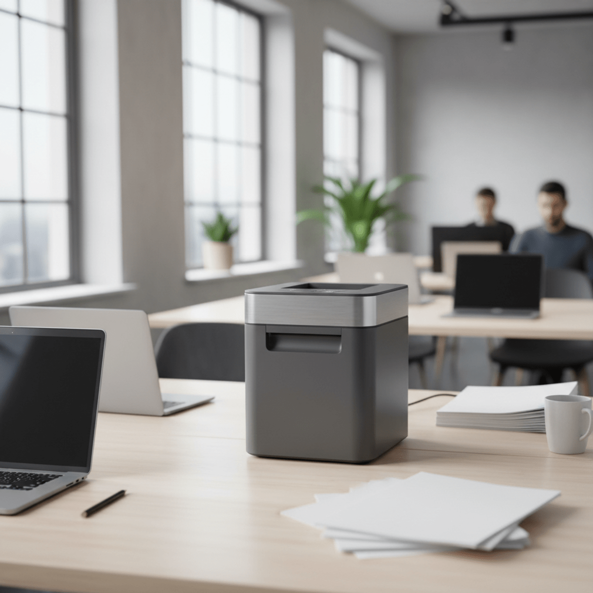 Sleek electric can crusher on a minimalist desk in a modern office setting.