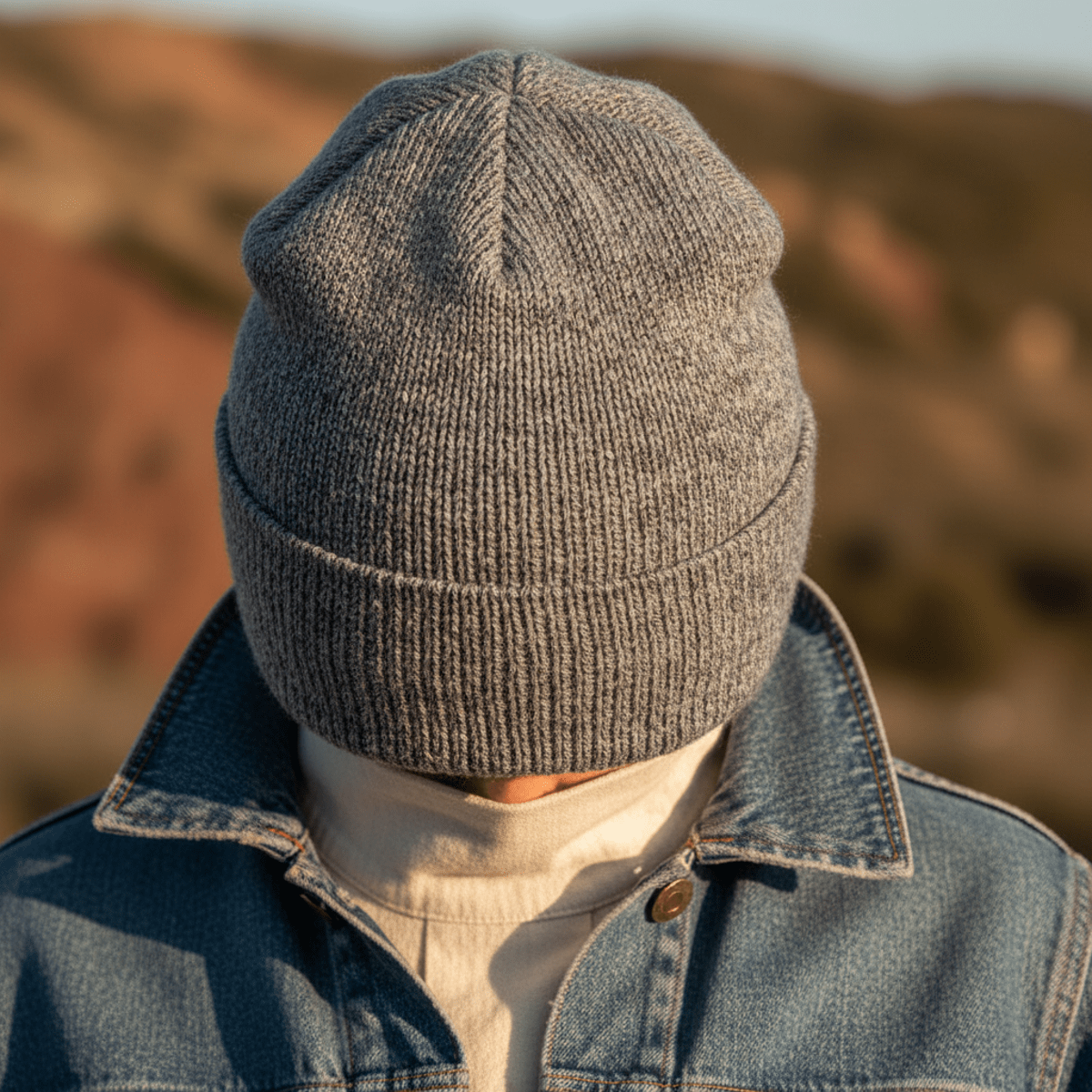 Close-up of a recycled gray beanie with marled texture beside denim and organic cotton.