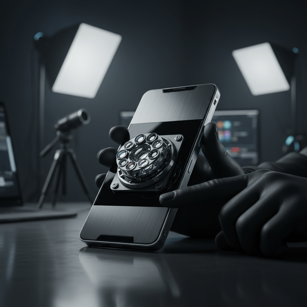 Futuristic slider phone with rotating lens held by a photographer.