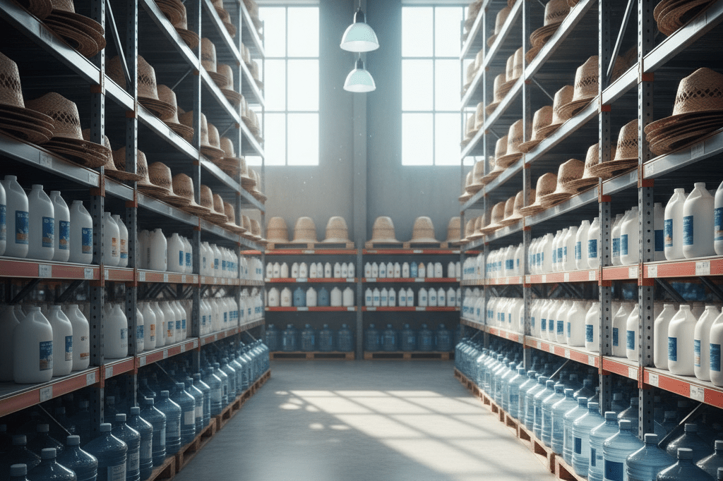Retail warehouse shelves stocked with heat protection supplies before surge Warehouse aisle filled with hats, sunscreen, and water under natural light, showing supply chain readiness