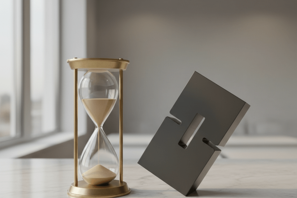 Symbolic representation of time-bound business partnerships and collaborative value Medium shot of an hourglass and interlocking acrylic blocks on marble, symbolizing timed business collaborations and mutual value creation