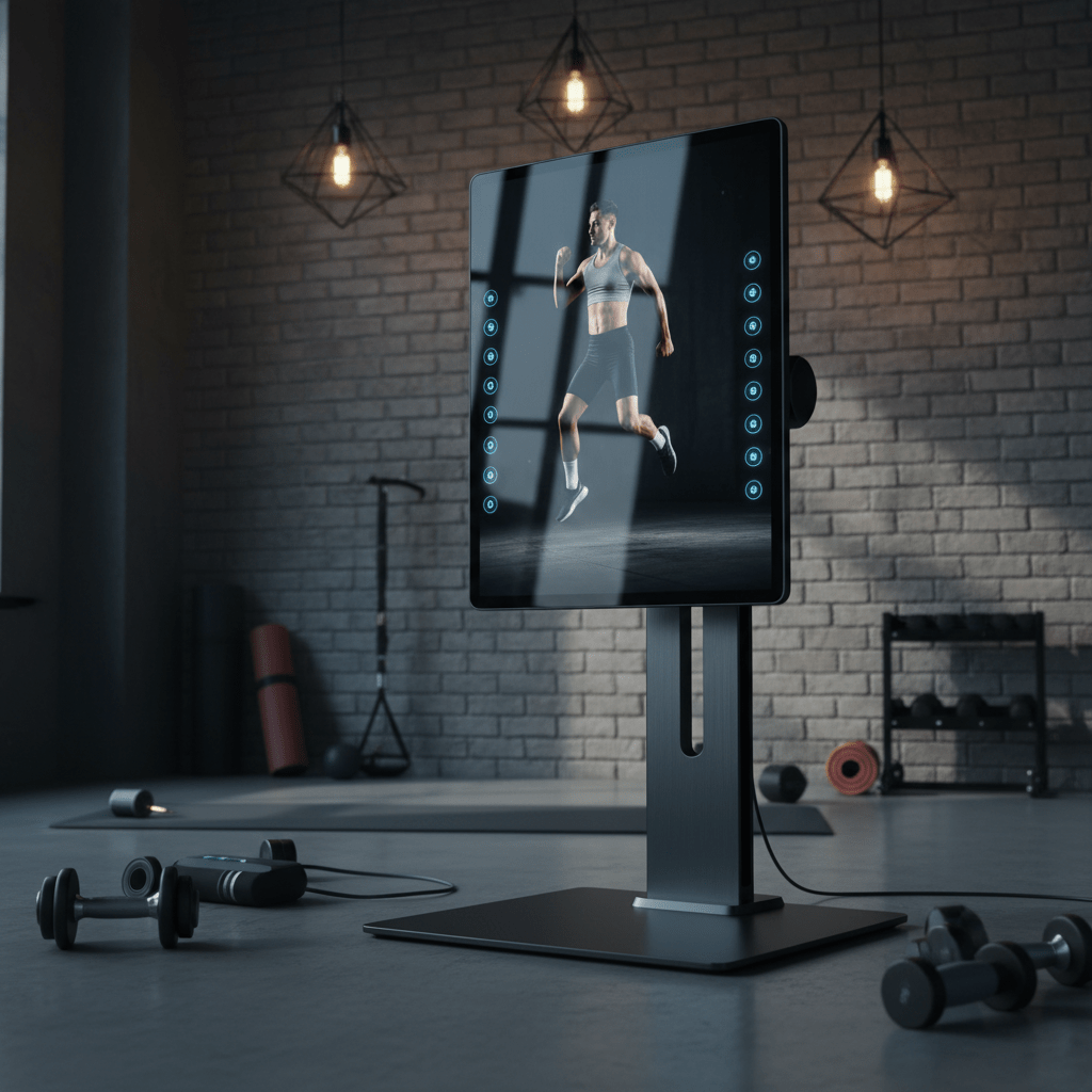 AI fitness coach on a large vertical screen with body-tracking technology.
