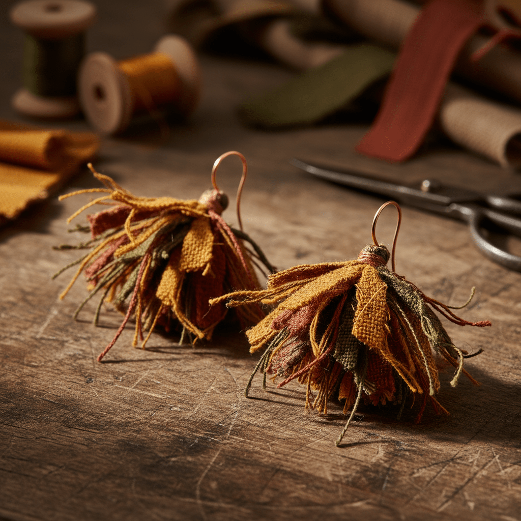 Handcrafted upcycled tassel earrings with frayed fabrics on a rustic wooden surface.