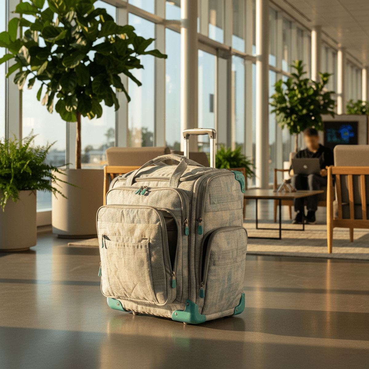 Sustainable trolley bag in airport lounge with warm sunlight. Durable textile trolley bag with blue-green composite corners in a modern lounge.