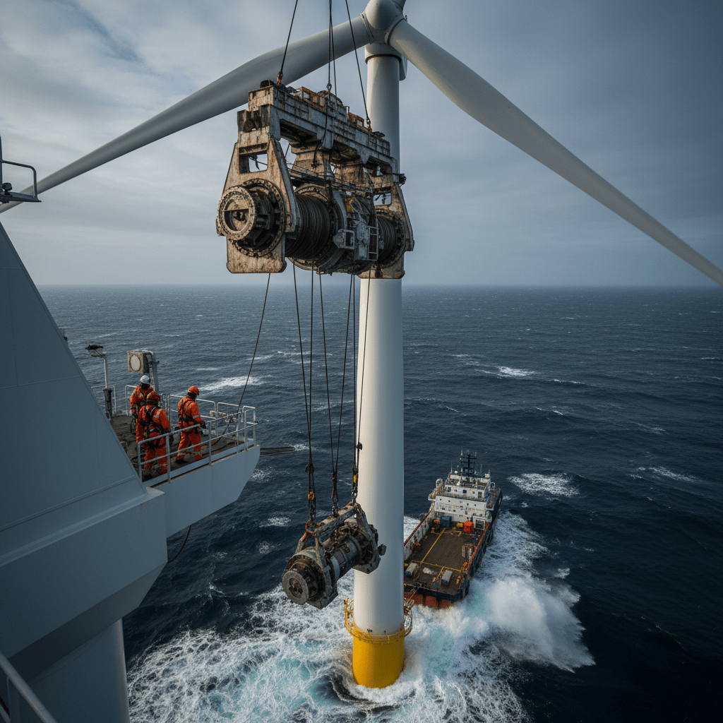Offshore wind turbine hoisting gearbox components with hydraulic winch over turbulent waves.