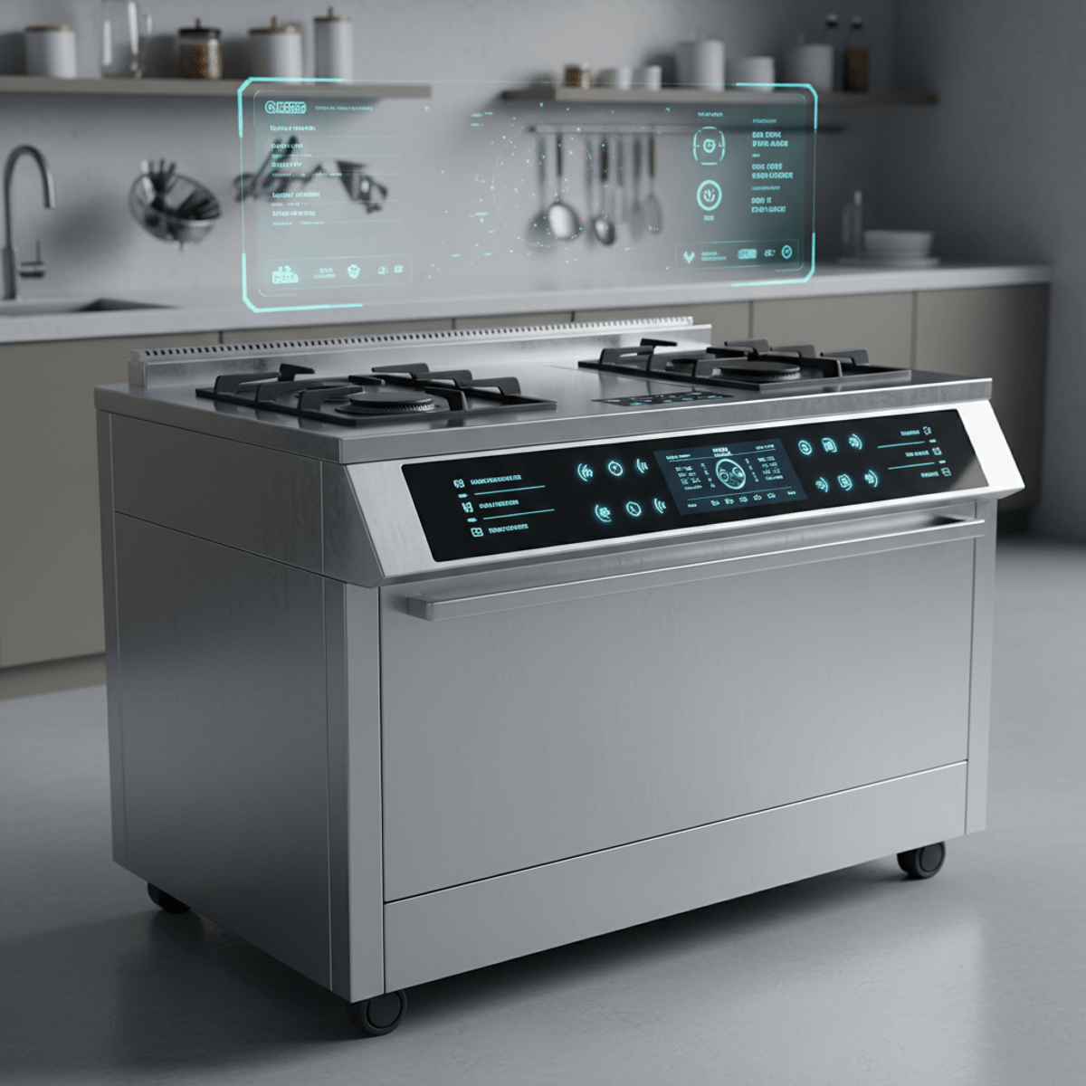 Sleek futuristic gas stove with touchscreen in a modern, high-tech kitchen.