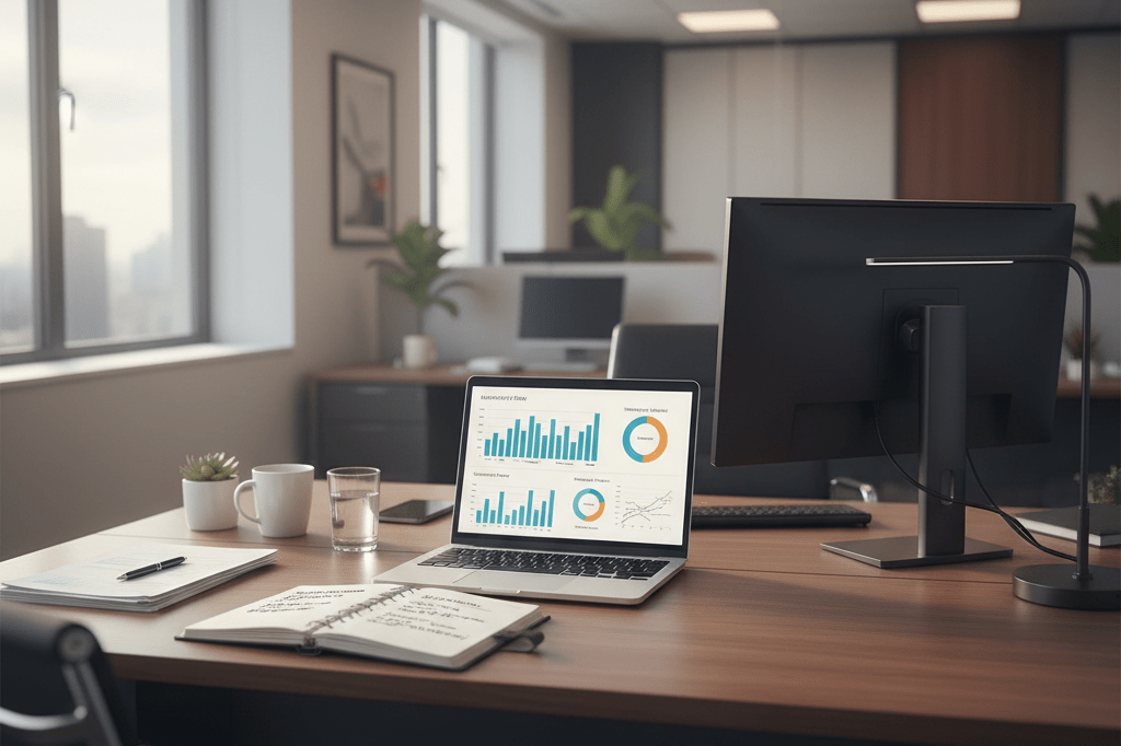 Wide shot of a tidy office desk featuring generic supply chain analytics and planning materials under natural and ambient light