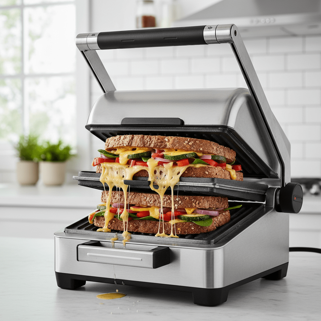 Thick sandwich with vegetables and cheese being toasted in a deep-chambered appliance.