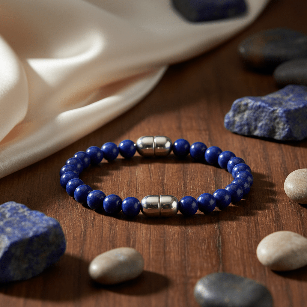 Elegant blue Lapis Lazuli friendship bracelet with silver clasp on wood.