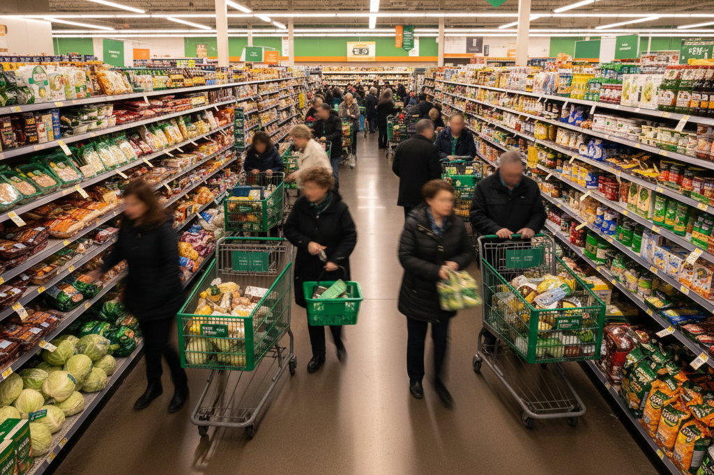 Wide shot of shoppers in a grocery aisle selecting holiday-themed food items under warm ambient lighting, reflecting seasonal sales spikes