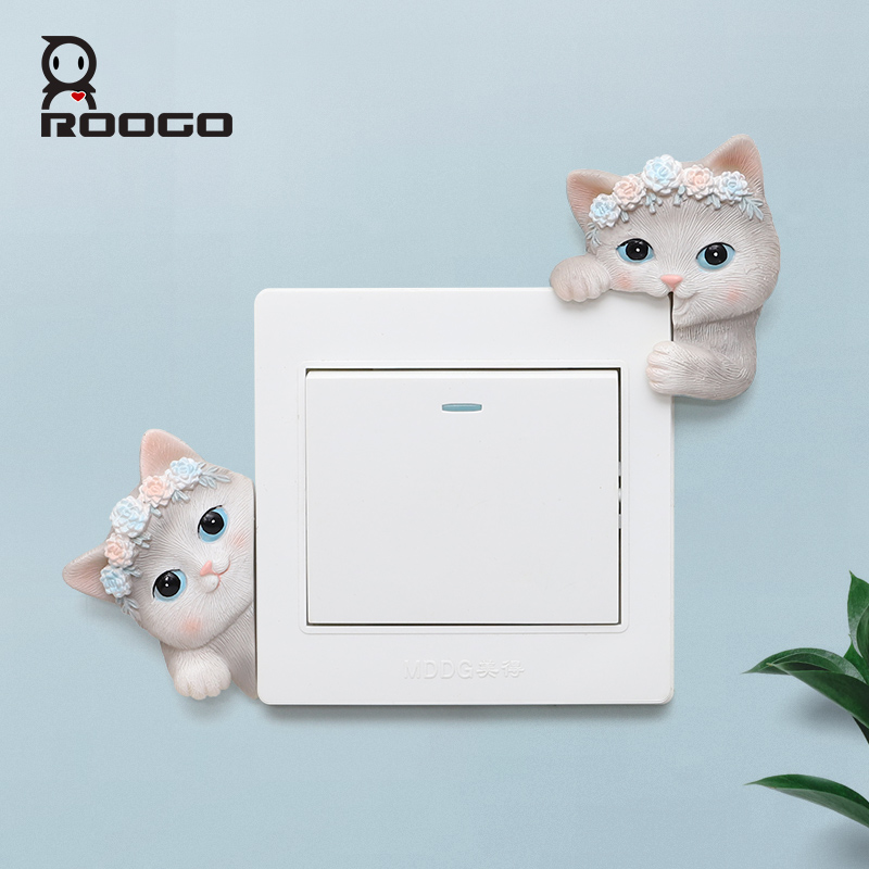 Roogo резиновые Мультяшные наклейки с переключателями в виде сказочного кота, животных, съемная наклейка на переключатель, домашний декор, наклейка на розетку для детской комнаты