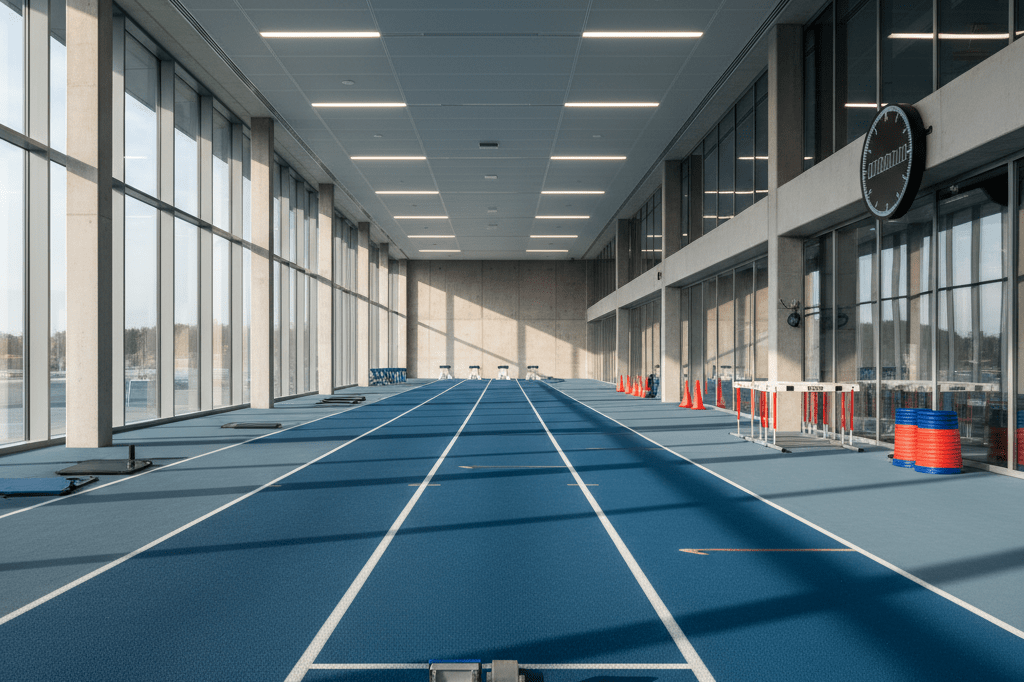Wide shot of an empty track with starting blocks and training gear under blended natural and artificial lighting, symbolizing advanced performance systems