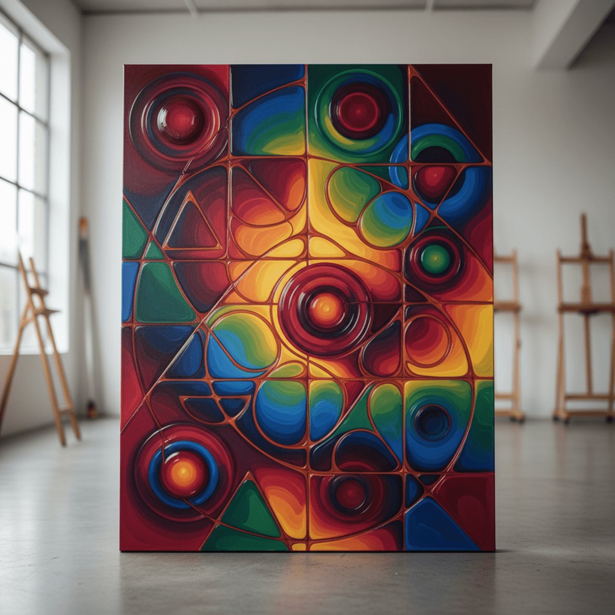 Abstract art with melting geometric shapes flowing like liquid honey in bold colors.