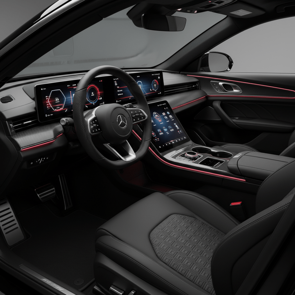 Luxurious 2026 sport sedan interior with digital cockpit, leather seats, and red ambient lighting.
