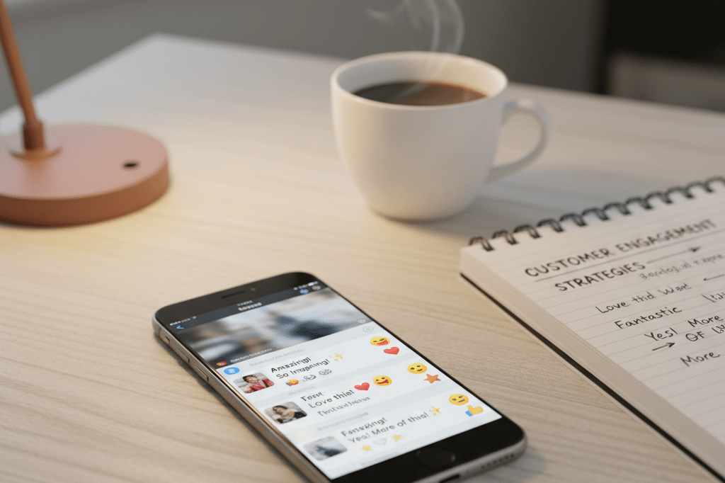 Close-up of a smartphone showing positive social media feedback under warm ambient lighting, highlighting customer engagement