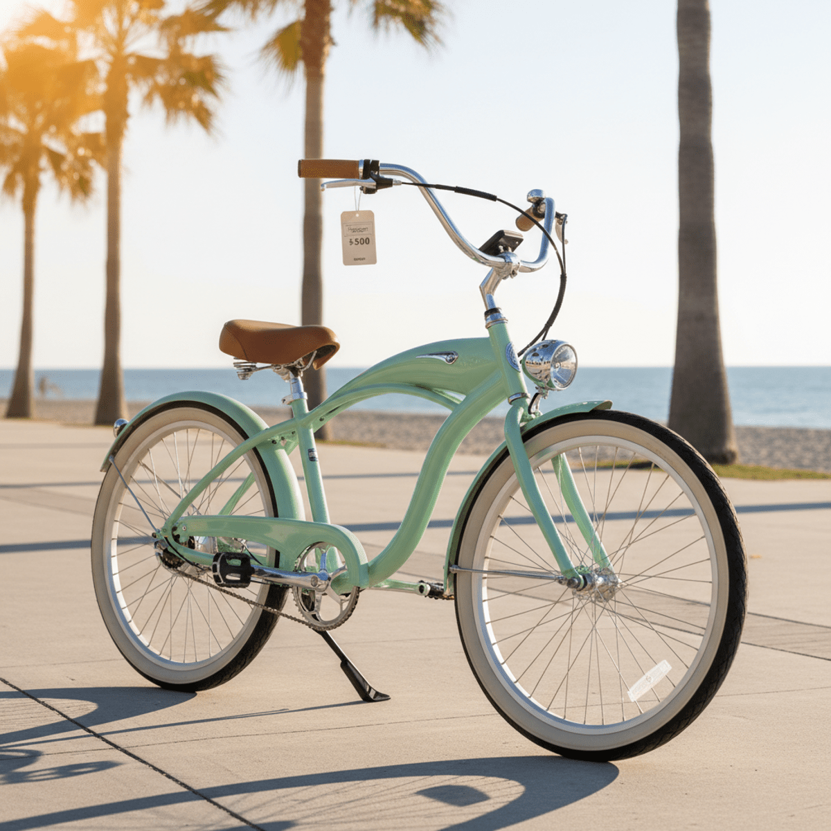 Modern pastel electric step-through cruiser bike on a sunny beach promenade.