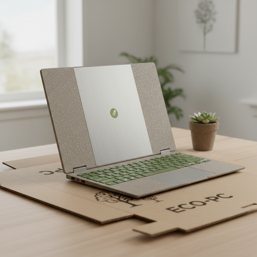 Sleek recycled laptop on a minimalist desk with eco-friendly packaging.