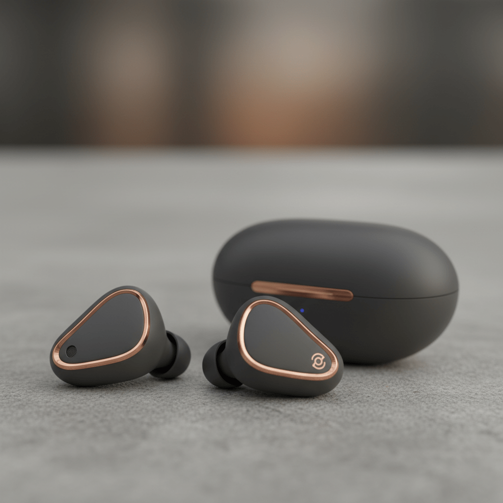 Ultra-detailed close-up of compact bio-resin earbuds with matte finish and copper accents.