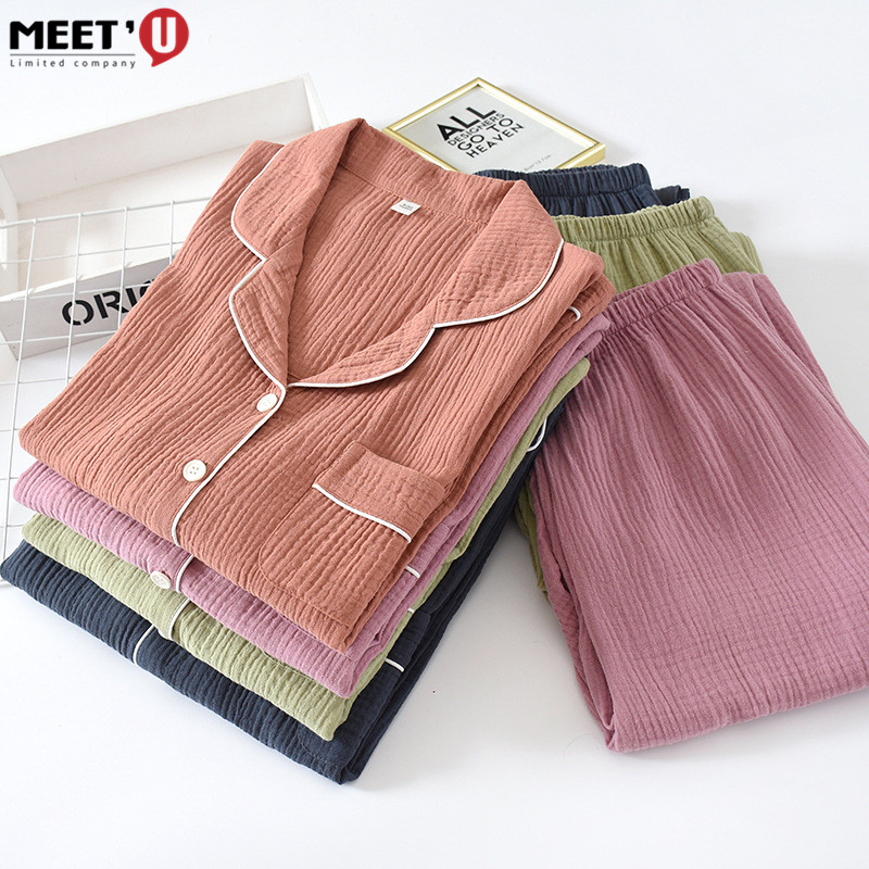 Пижама хлопковая двухслойная для пар, пижама из крепа, штаны с длинным рукавом для мужчин и женщин, мягкая дышащая ночная рубашка