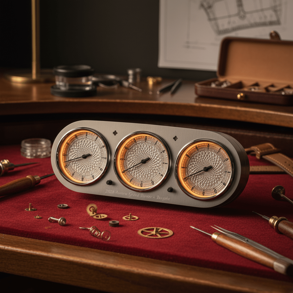Bespoke titanium car gauge cluster with guilloché faces on a velvet workbench.