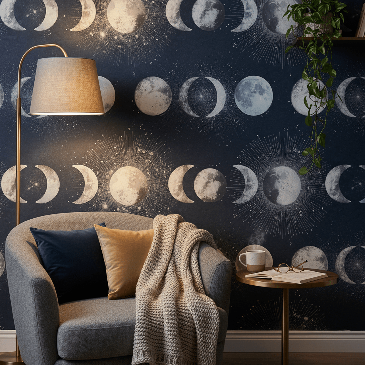 Cosmic lunar wallpaper enhances a stylish reading nook. Dreamy lunar landscape wallpaper with moon phases and stars in a cozy reading nook.