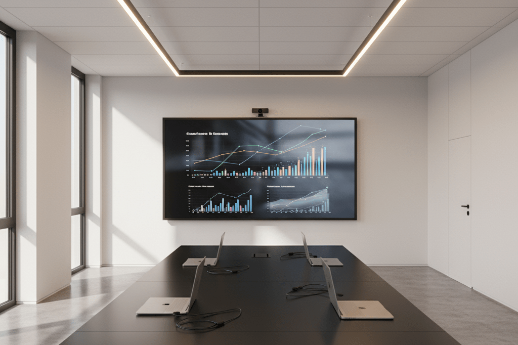 Modern office with paused analytics graphs on a smart display and closed laptops under natural light, symbolizing technology disruption