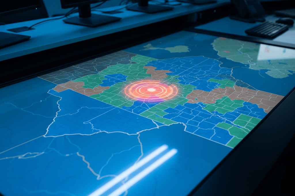 Emergency operations desk with digital map of overlapping alert zones under cool ambient office lighting