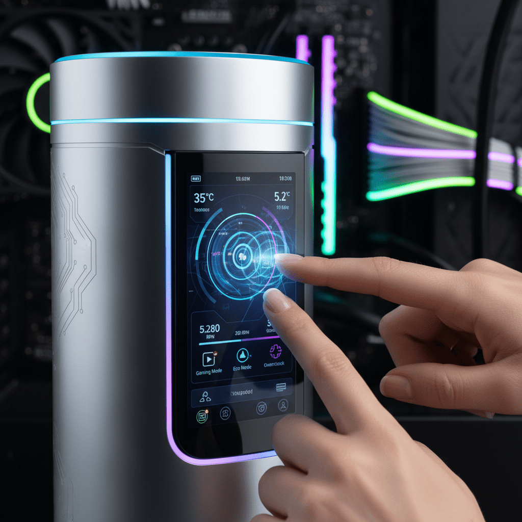 Sleek futuristic CPU cooler with glowing touch screen and metallic brushed aluminum finish.