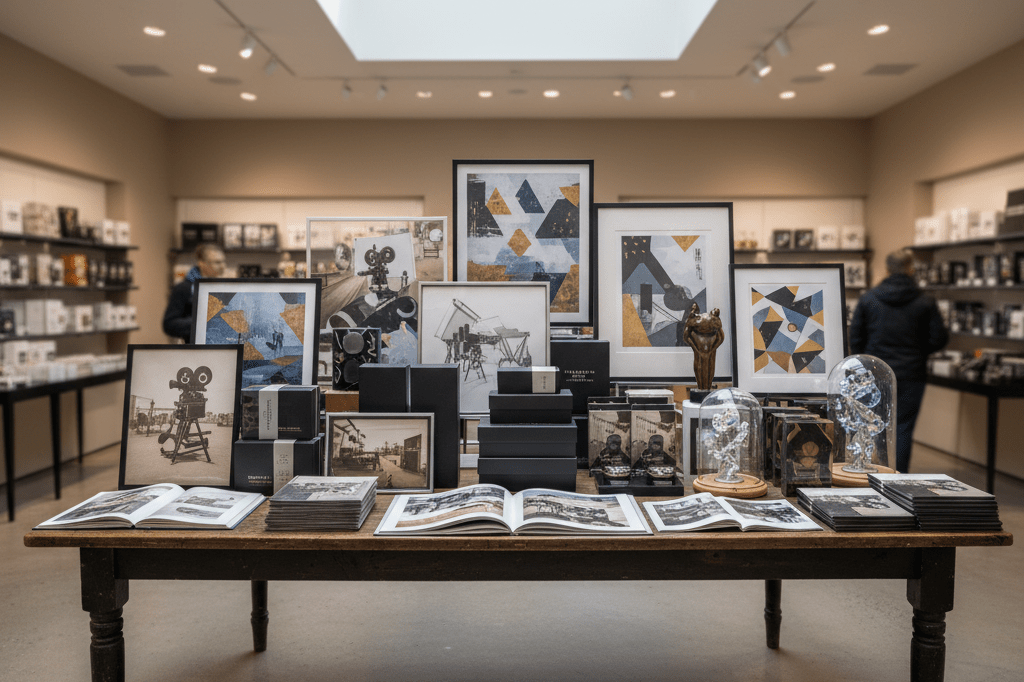 Wide shot of retail table with generic movie-themed merchandise under warm ambient light, symbolizing post-Oscars sales surge