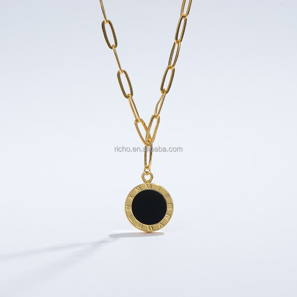 18k黄镀金圆形罗马号码项链黑色玛瑙项链银质精品首饰 - buy agate