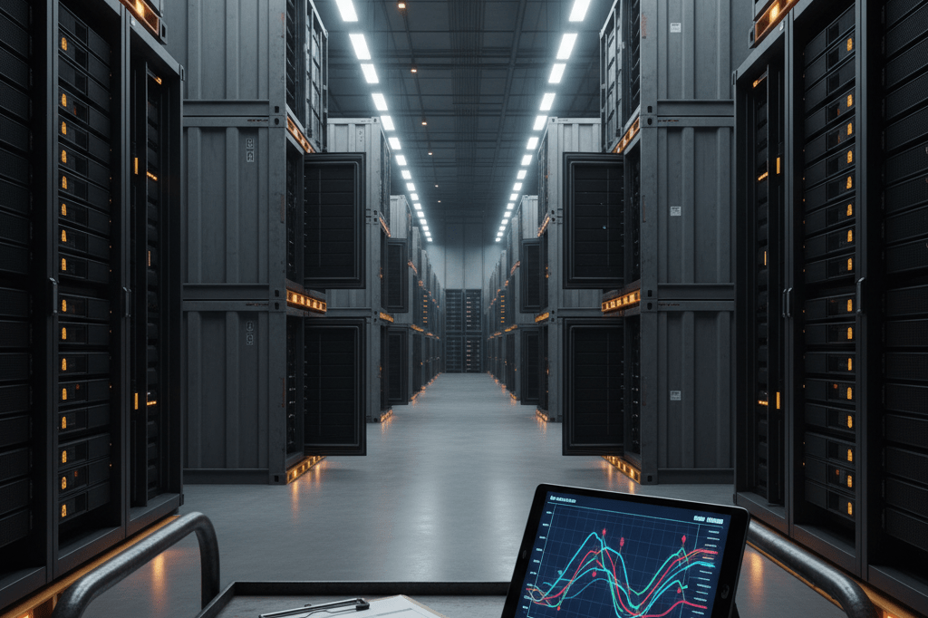 Warehouse aisle with server racks and inventory charts under ambient light symbolizing AI supply chain delays