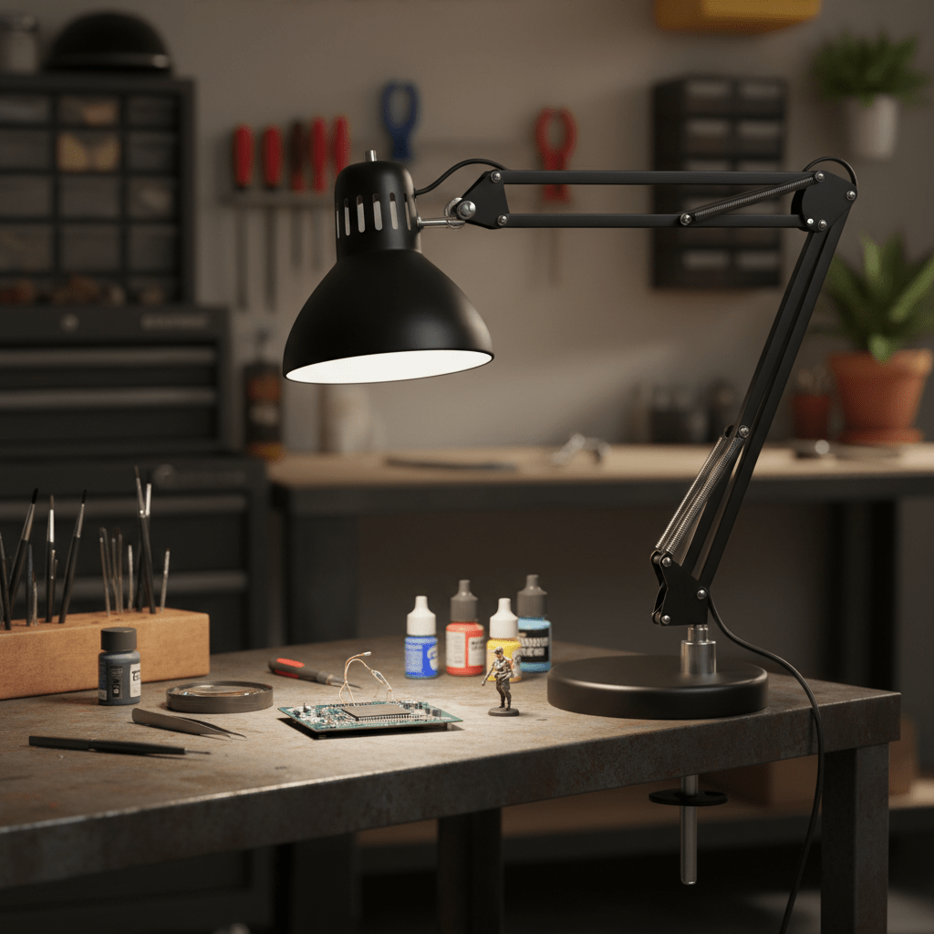 Close-up of articulating workbench lamp illuminating precision tools in a garage.