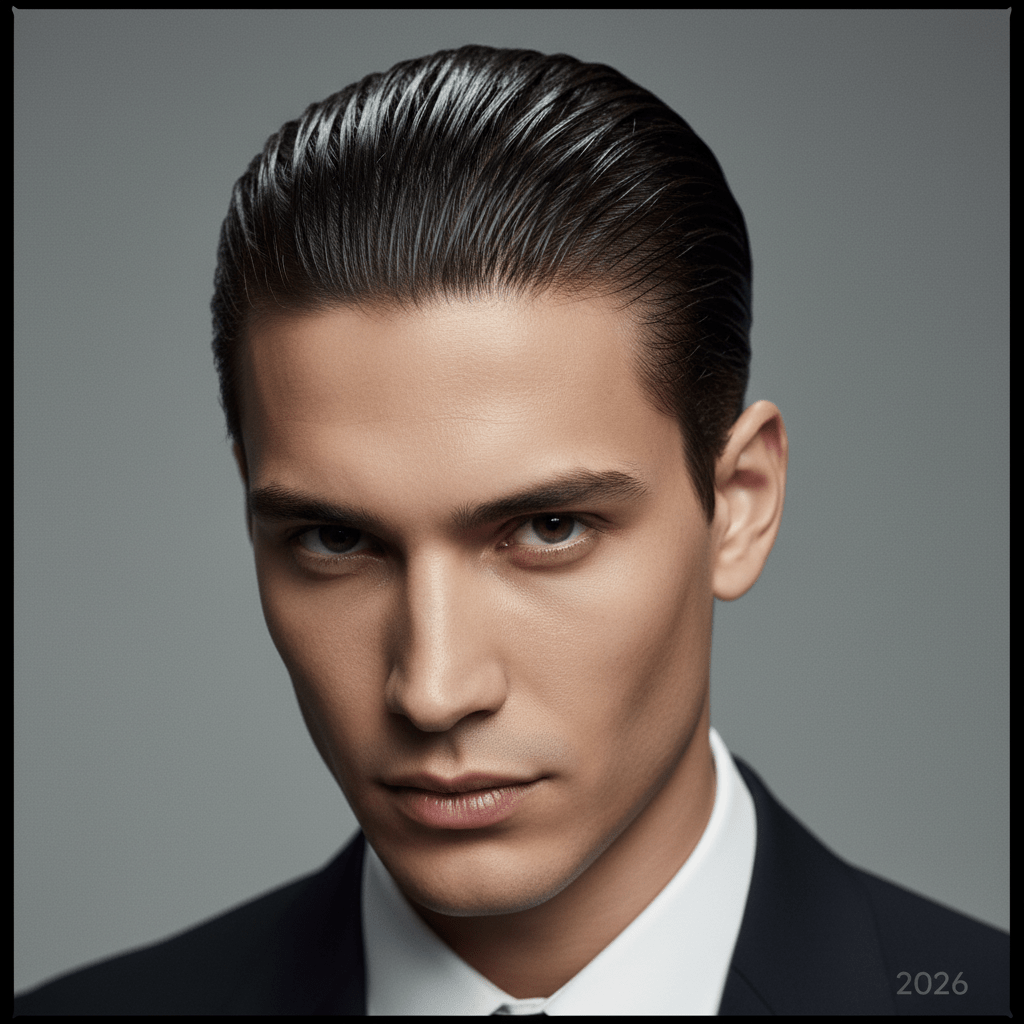 Male model with sleek, wet-look slicked-back hair and a sharp suit.