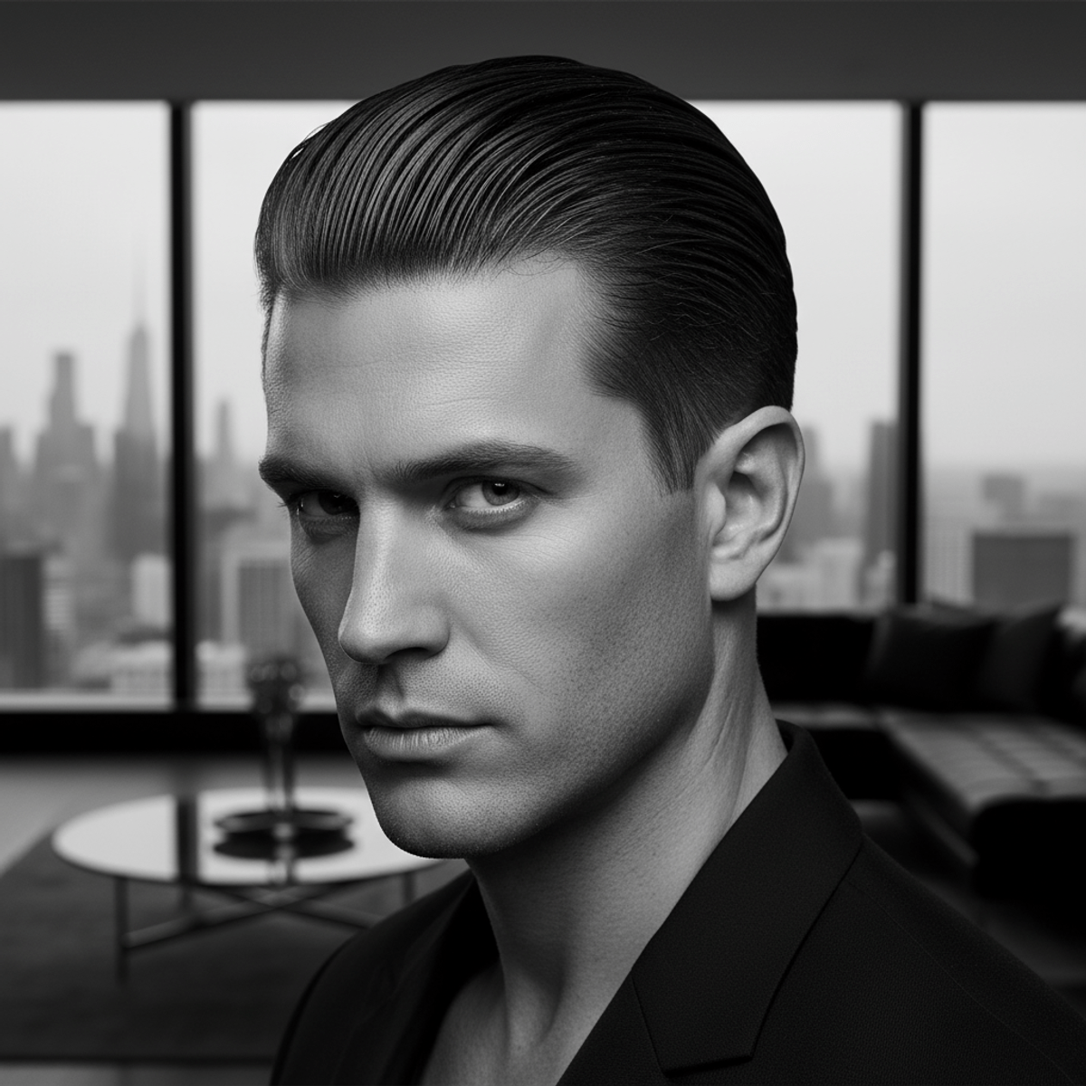 Modern slicked-back wet-look hairstyle with sharp lines. Man with slicked-back wet-look hair in a modern penthouse, cinematic lighting.