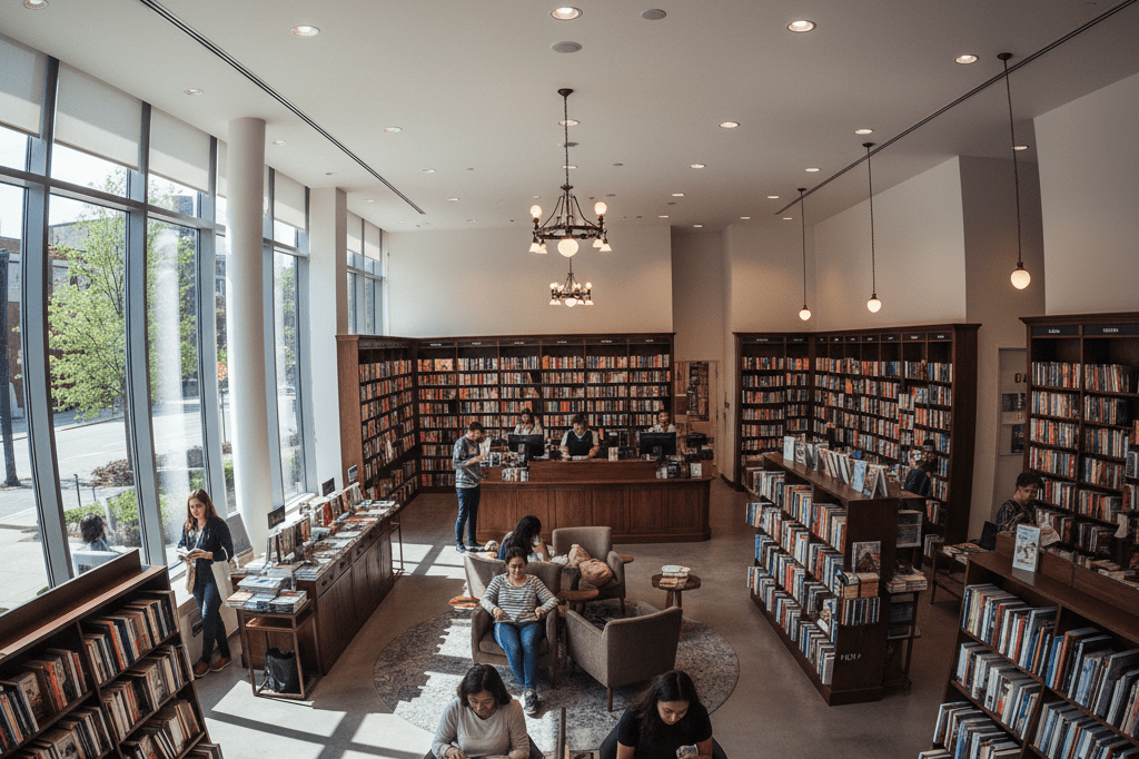 Warmly lit bookstore interior with bookshelves, reading area, and checkout, symbolizing successful physical retail strategy