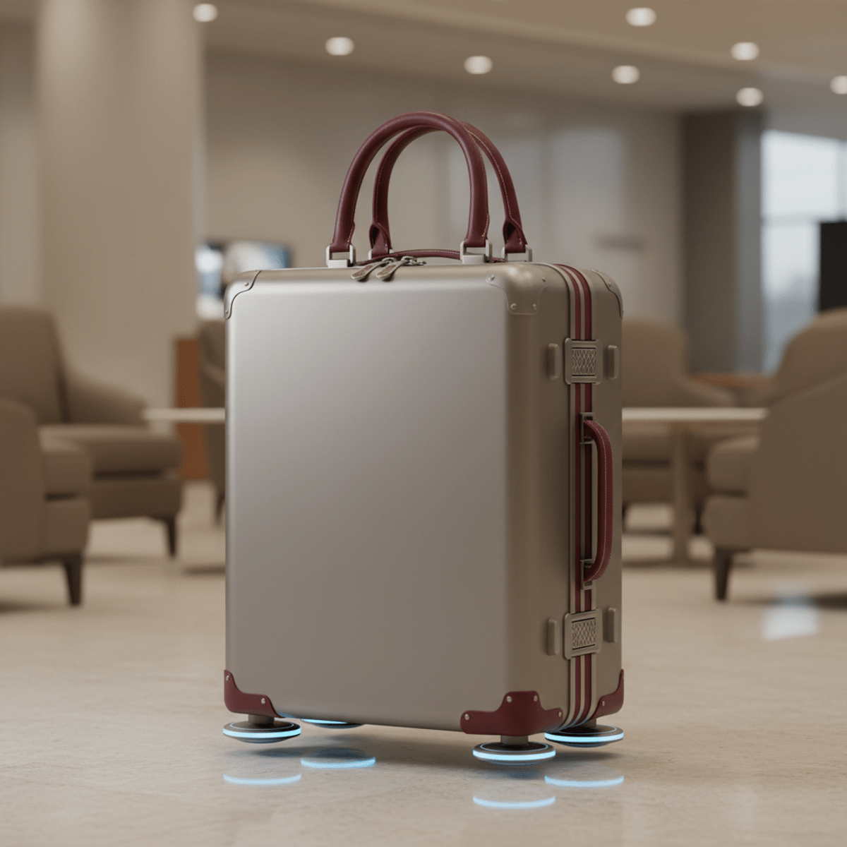 Premium trolley bag with aluminum and leather details. Premium trolley bag with brushed aluminum and burgundy leather handles.