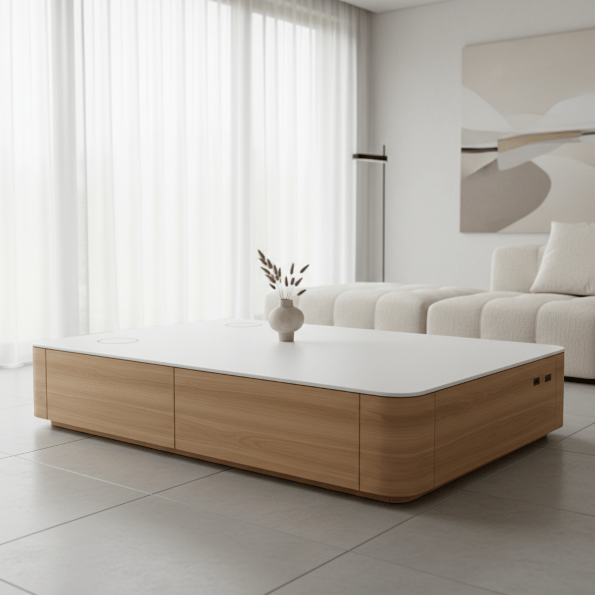 Sleek matte white and wood coffee table with hidden charging in modern living room.