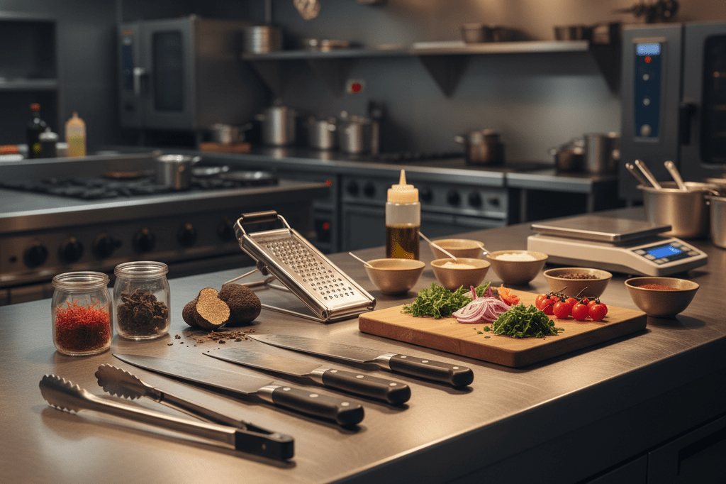 Professional kitchen counter with premium tools and fresh ingredients under warm light, symbolizing culinary innovation demand
