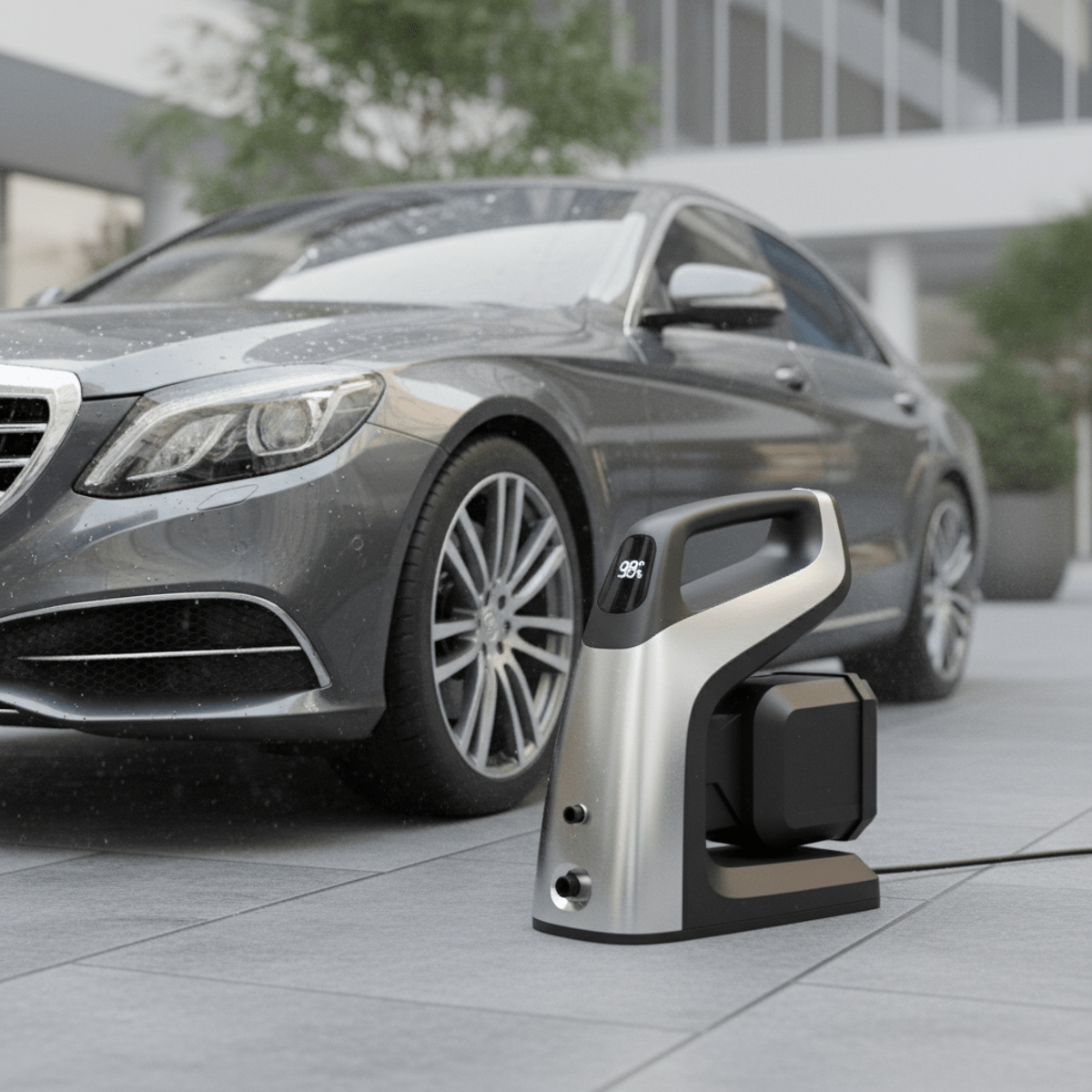 Sleek cordless pressure washer beside a luxury sedan, featuring digital display and lithium-ion pack.